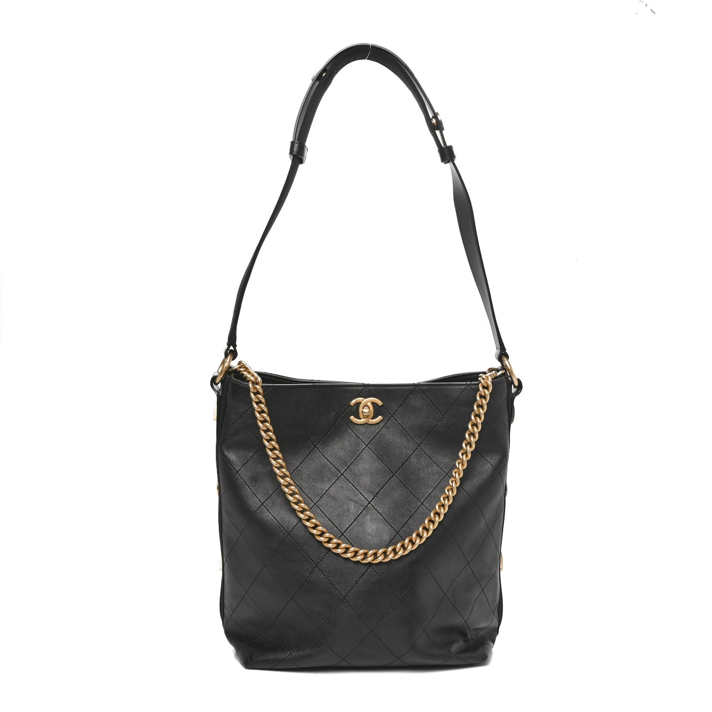 Calfskin Stitched Large Button Up Hobo Black