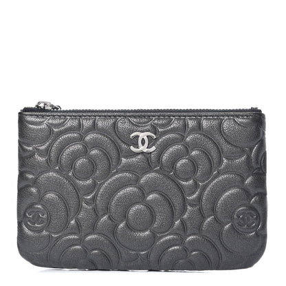 Chanel Goatskin Camellia Embossed Cosmetic Pouch Anthracite 1 of 8