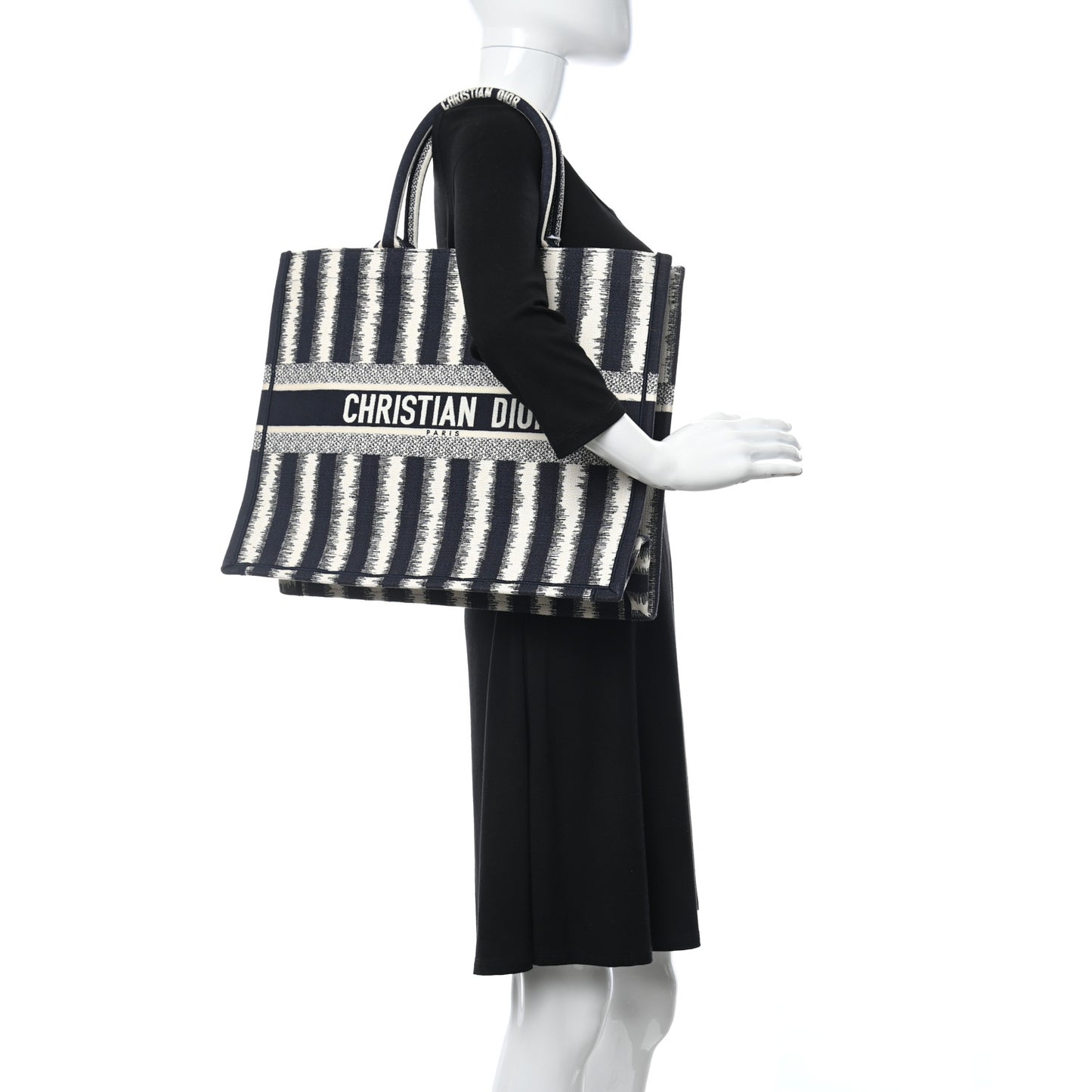 Canvas Embroidered Large Striped Book Tote Navy