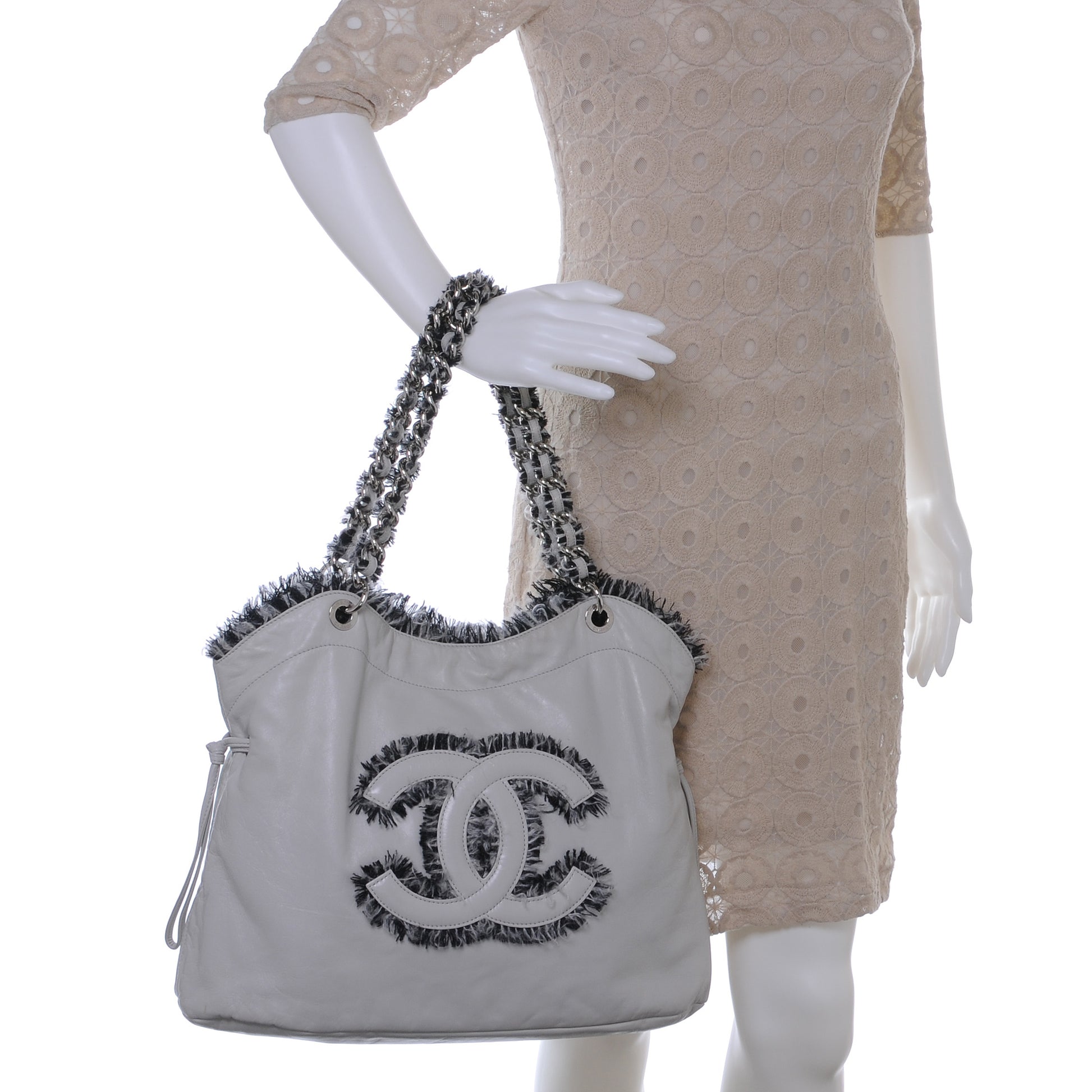 Chanel Lambskin Drawstring Tweedy Tote Light Grey 2 of 10