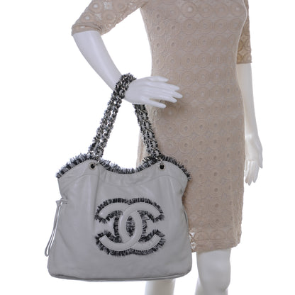 Chanel Lambskin Drawstring Tweedy Tote Light Grey 2 of 10
