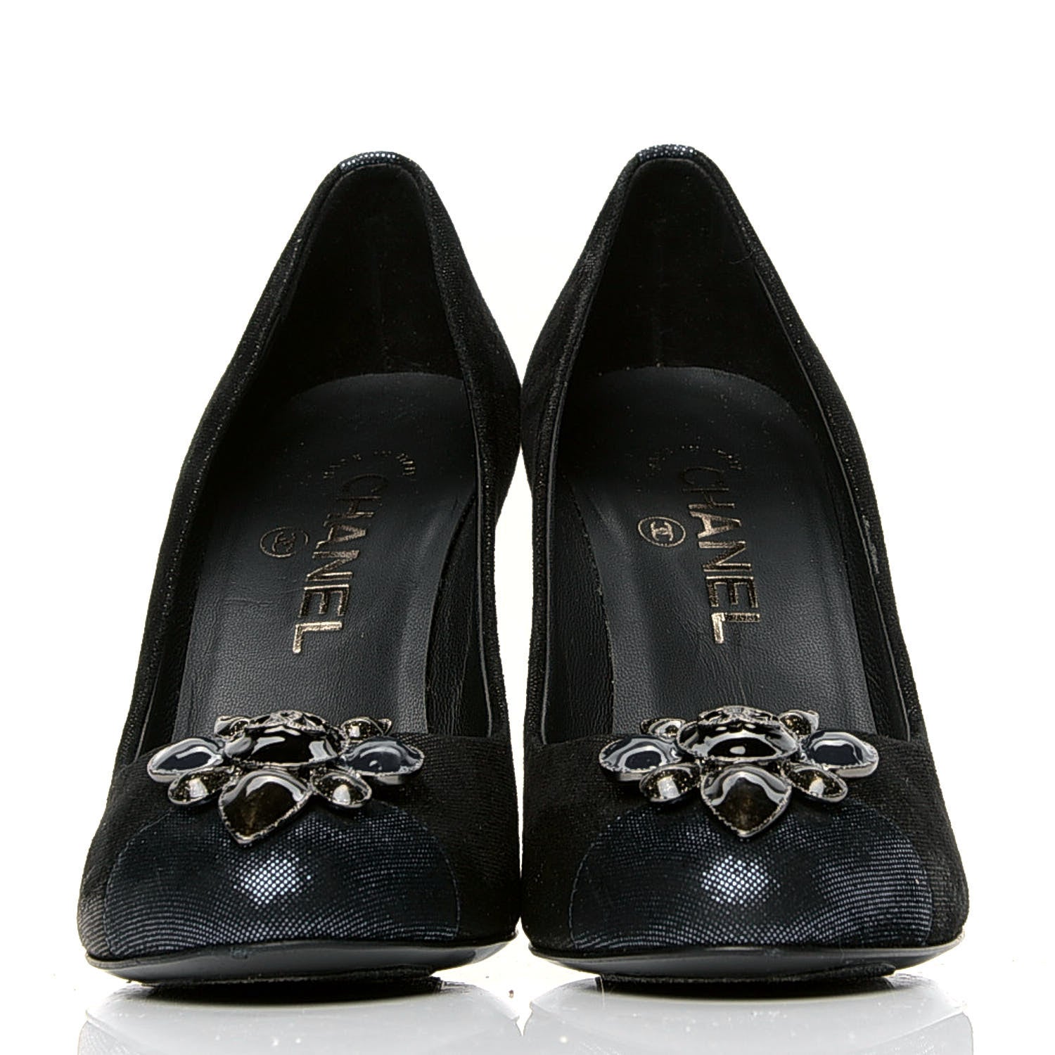 Chanel Metallic Fabric Jewel Cap Toe Pumps 37 Black Blue 2 of 6