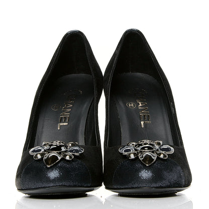 Chanel Metallic Fabric Jewel Cap Toe Pumps 37 Black Blue 2 of 6