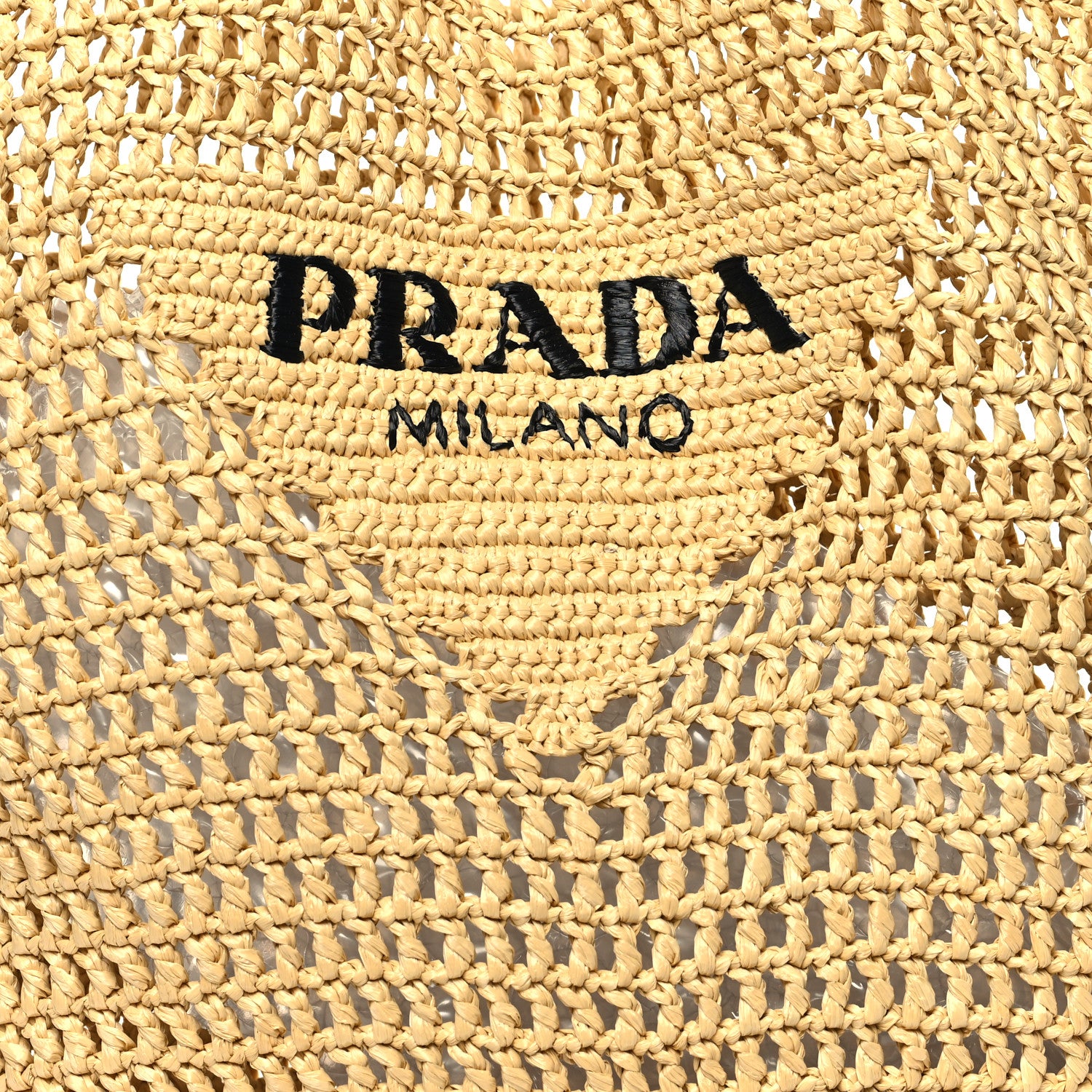 Prada Yarn Raffia Effect Crochet Logo Embroidered Shopping Tote Bag Naturale 7 of 9