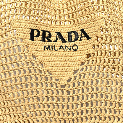 Prada Yarn Raffia Effect Crochet Logo Embroidered Shopping Tote Bag Naturale 7 of 9