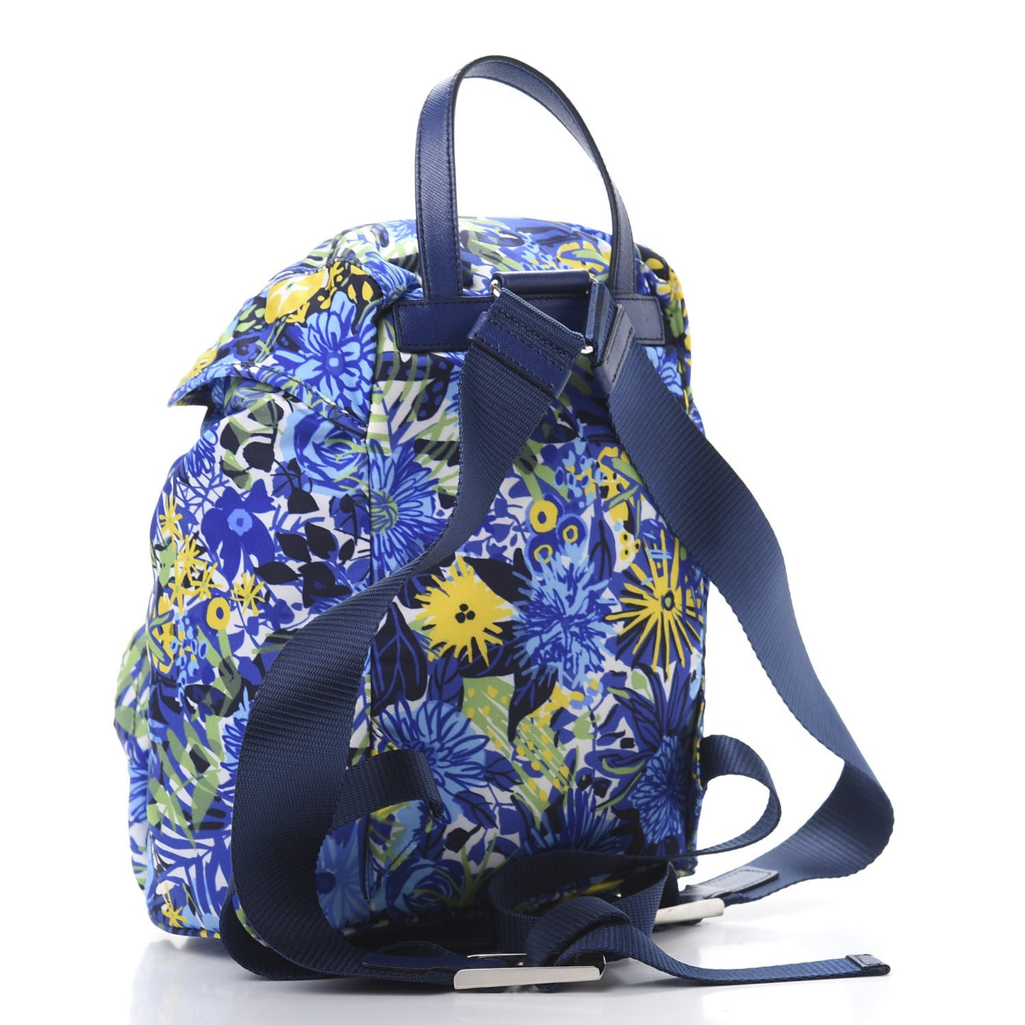Nylon Saffiano Floral Print Single Buckle Backpack Bluette Dis Primule