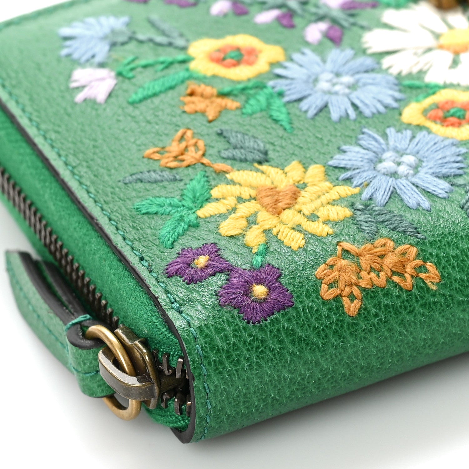 Gucci Textured Calfskin Crystal Fiori Floral Embroidered GG Zip Around Wallet Grass Green 6 of 7