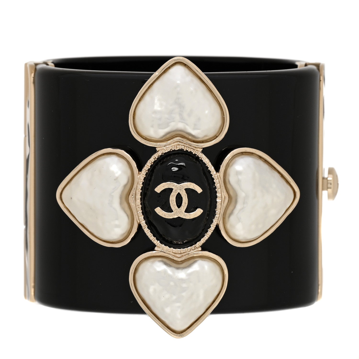 Chanel Resin Pearl Enamel CC Cuff Bracelet Black Pearly White Gold 1 of 5