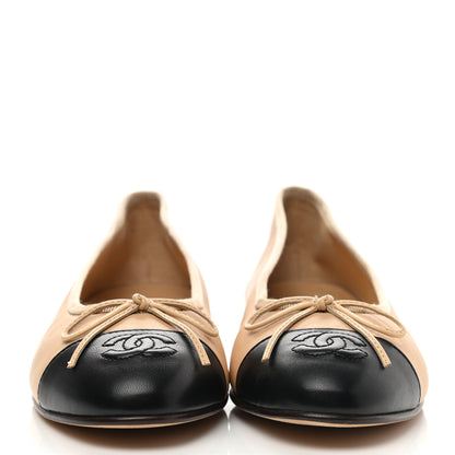 Chanel Lambskin Cap Toe CC Ballerina Flats 38 Beige Black 2 of 9
