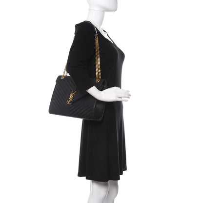 Saint Laurent Smooth Calfskin Matelasse Chevron Large Monogram Satchel Black 2 of 9