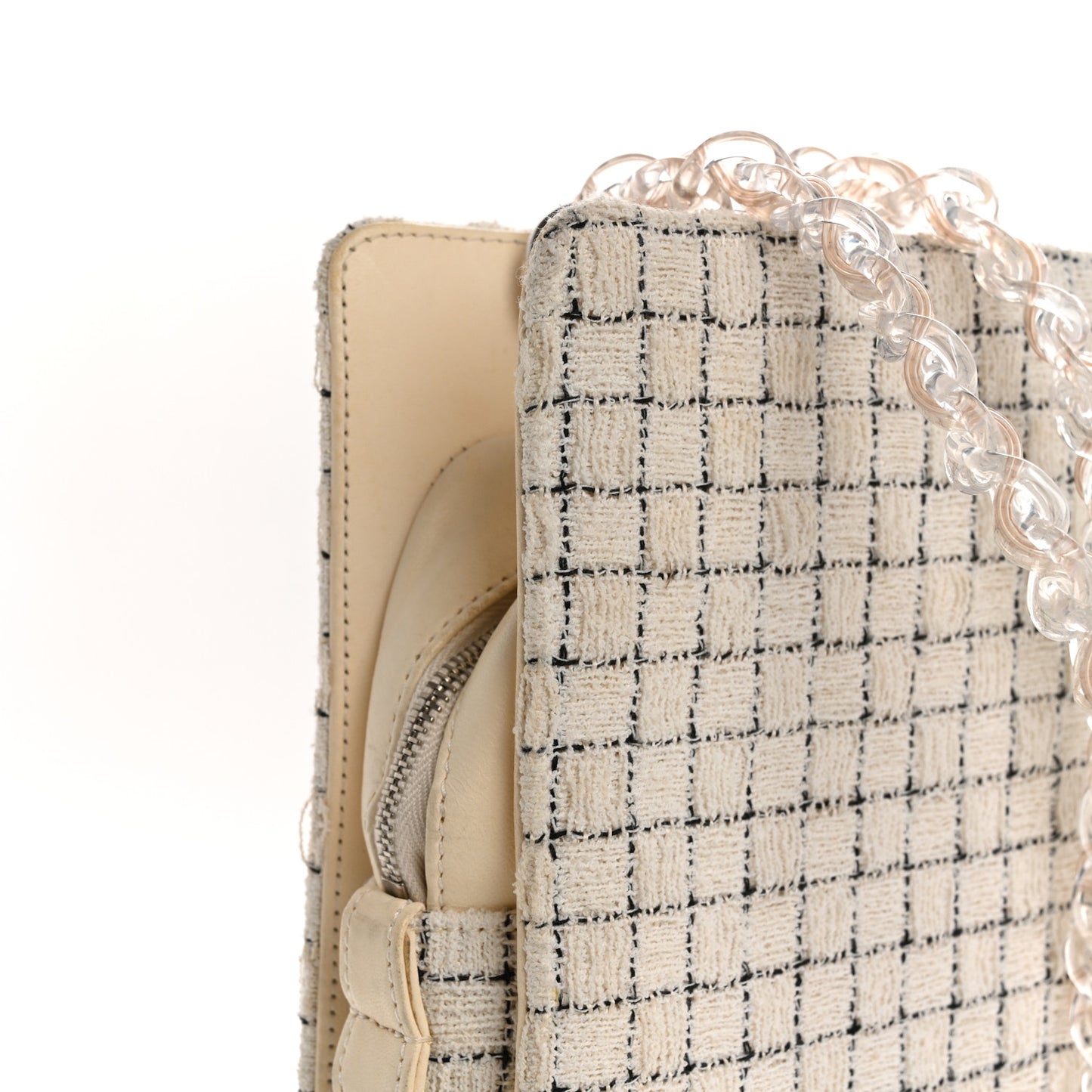 Tweed Resin Small Zipped Shopping Bag White Black
