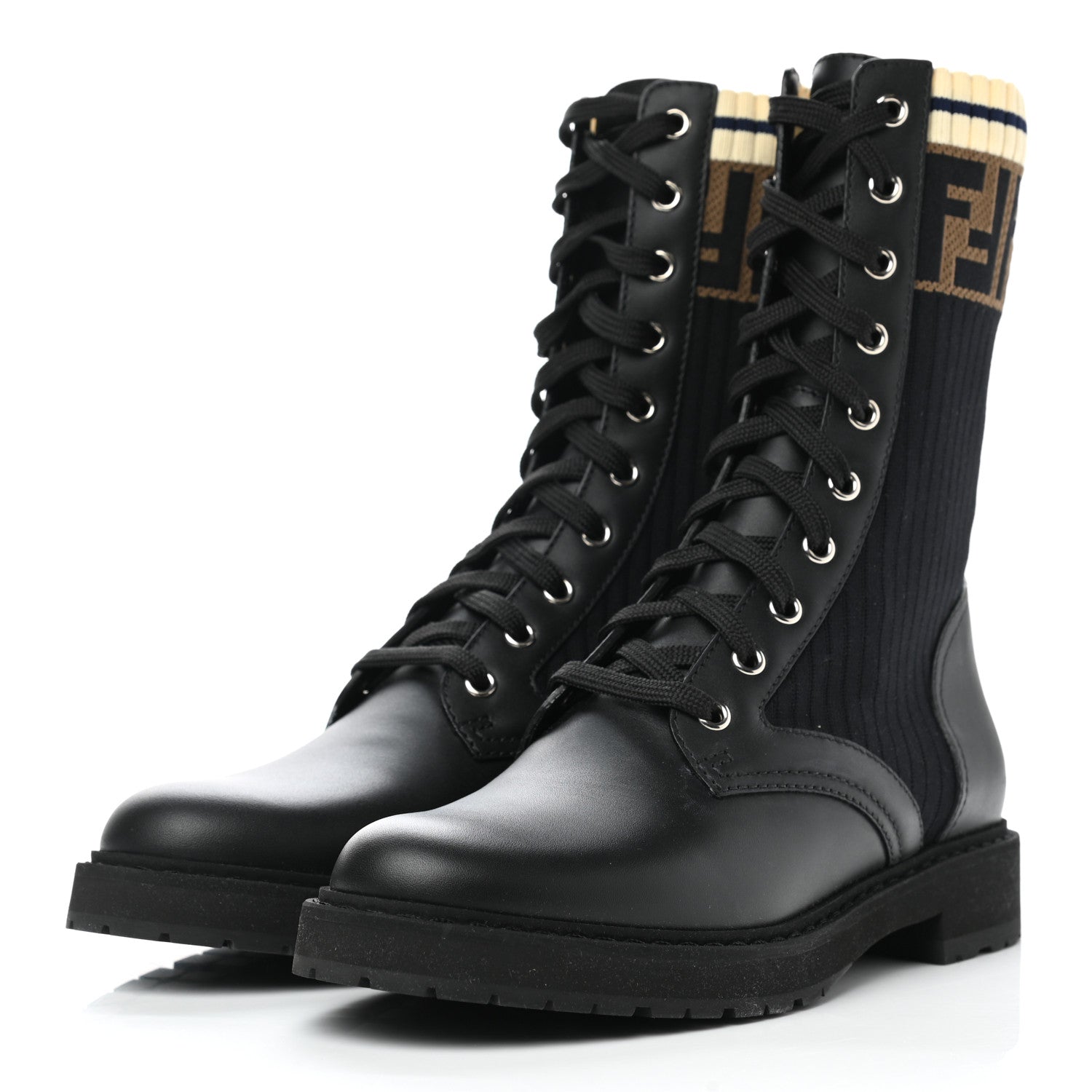 Fendi Calfskin Stretch Fabric Rockoko Biker Boots 38 Tobacco Black Marino 3 of 11