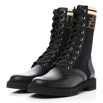 Fendi Calfskin Stretch Fabric Rockoko Biker Boots 38 Tobacco Black Marino 3 of 11