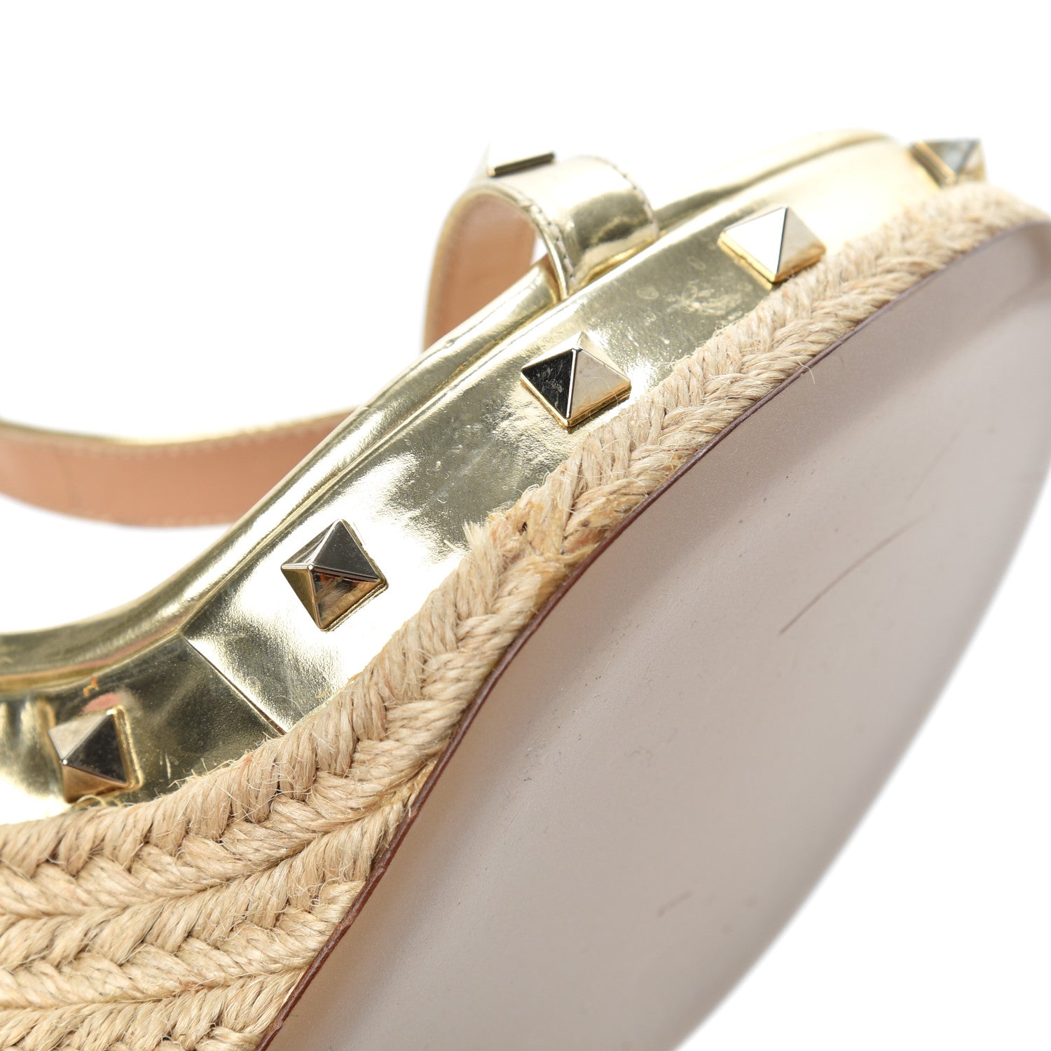 Valentino Garavani Metallic Calfskin Raffia Rockstud T-Strap Slingback Espadrille Wedge Sandals 39 Gold 8 of 21