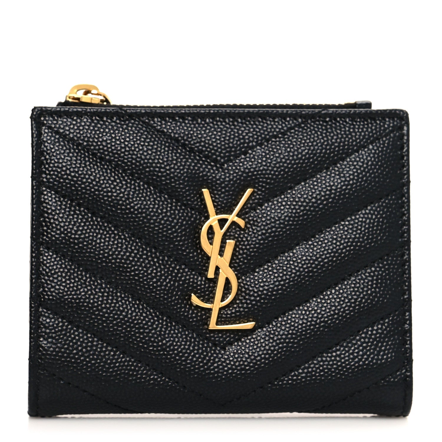 Saint Laurent Grain De Poudre Matelasse Chevron Monogram Zipped Card Case Black 1 of 7