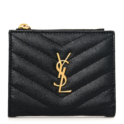 Saint Laurent Grain De Poudre Matelasse Chevron Monogram Zipped Card Case Black 1 of 7