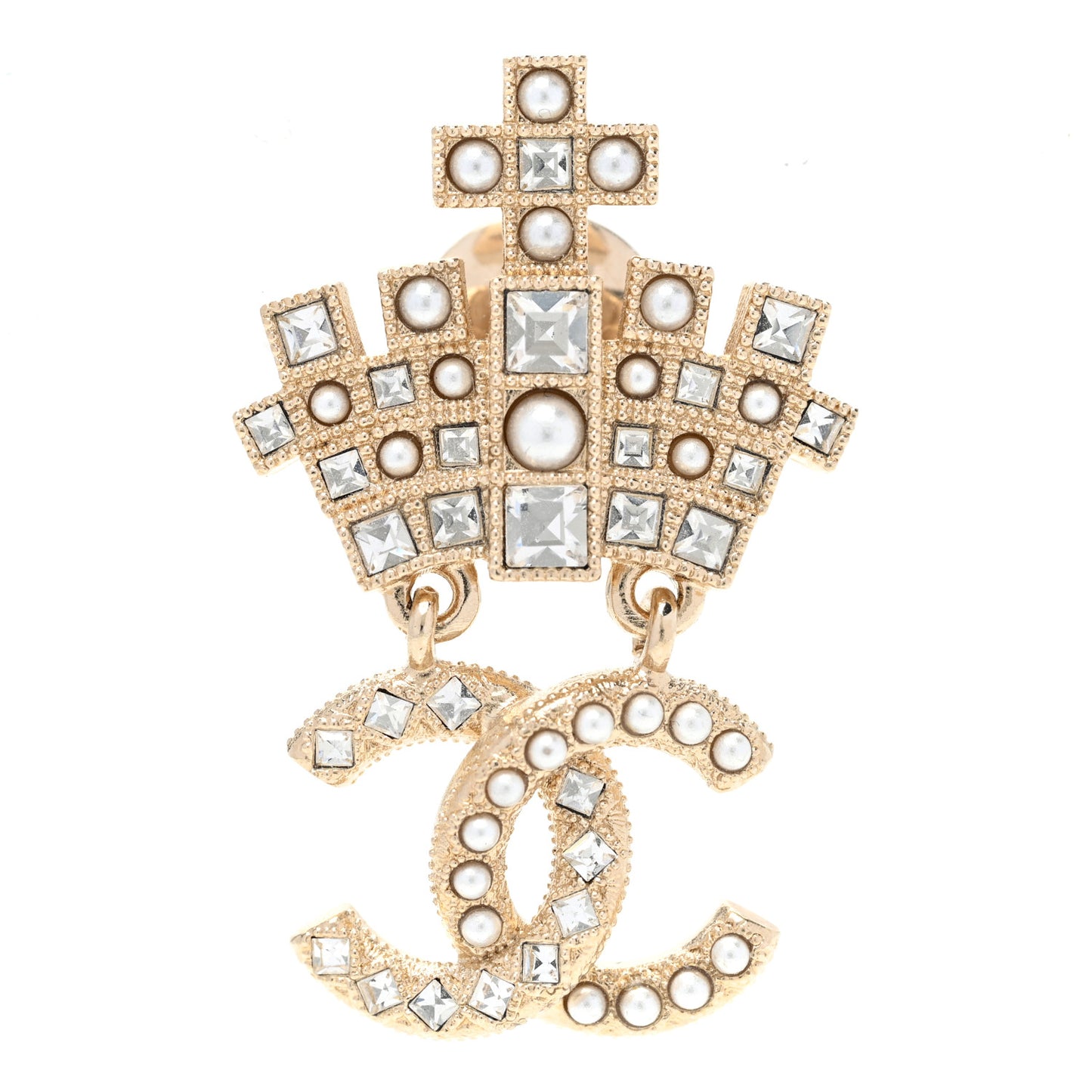 Pearl Crystal CC Crown Brooch Gold