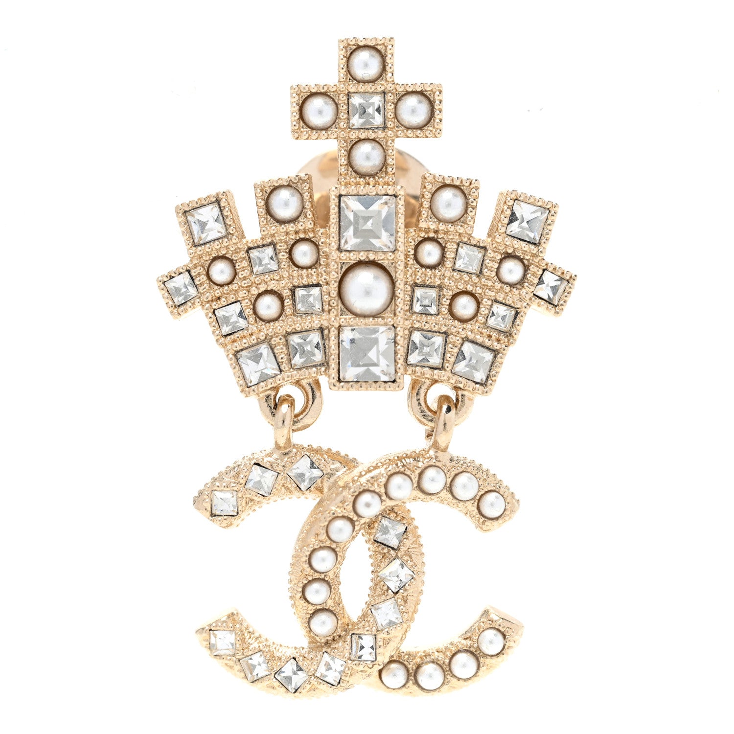 Chanel Pearl Crystal CC Crown Brooch Gold 1 of 5