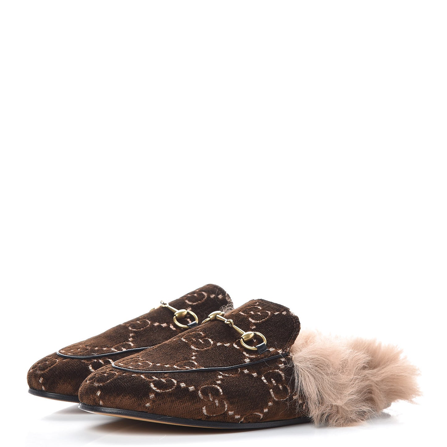 Velvet GG Monogram Fur Womens Princetown Slippers 39 Brown Black Natural