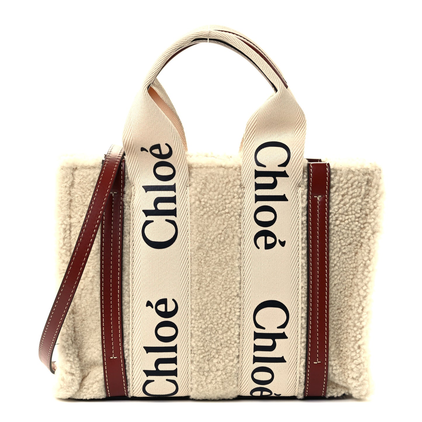 Shearling Calfskin Small Woody Ribbon Tote With Strap Mild Beige