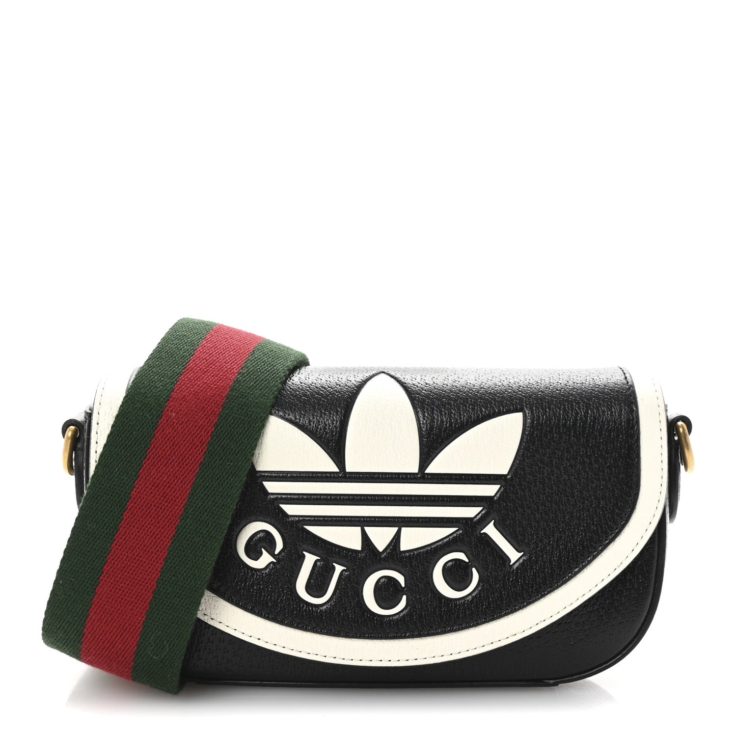 X ADIDAS Textured Dollar Calfskin Web Trefoil Logo Messenger Bag Black Off White