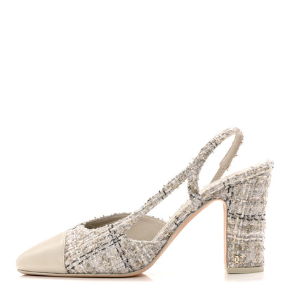 Chanel Wool Cotton Tweed Lambskin Cap Toe CC Slingback Pumps 39.5 Grey Black Gold 1 of 10