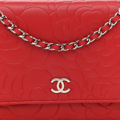 Chanel Lambskin Camellia Embossed Wallet On Chain WOC Red 8 of 17