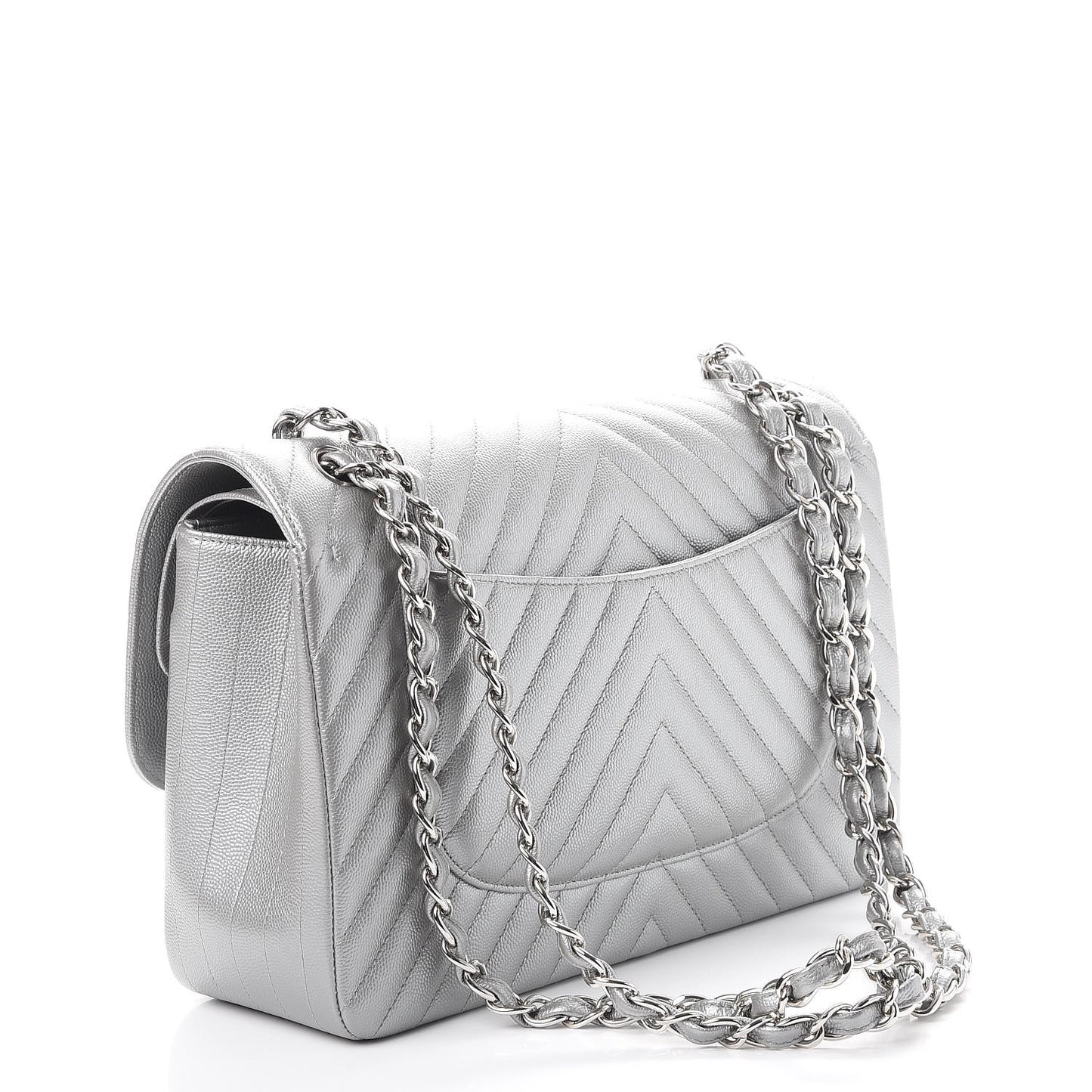 Caviar Chevron Quilted Jumbo Double Silver