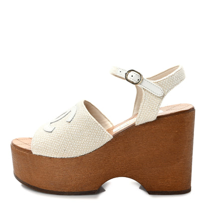 Chanel Fabric Patent Calfskin Platform Wedge Sandals 36 Ivory White 1 of 9