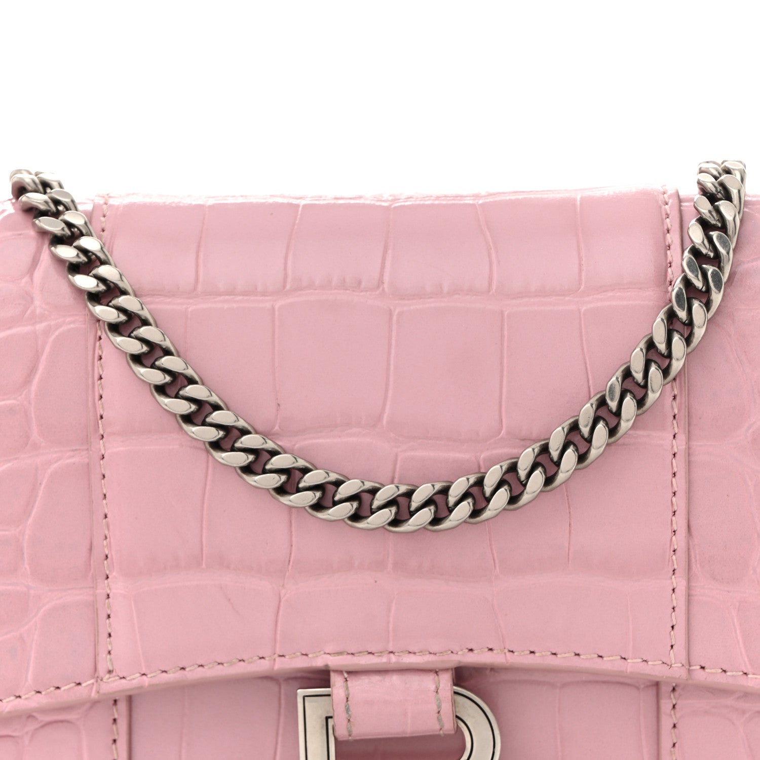 Balenciaga Shiny Calfskin Crocodile Embossed Hourglass Chain Bag Powder Pink 7 of 9