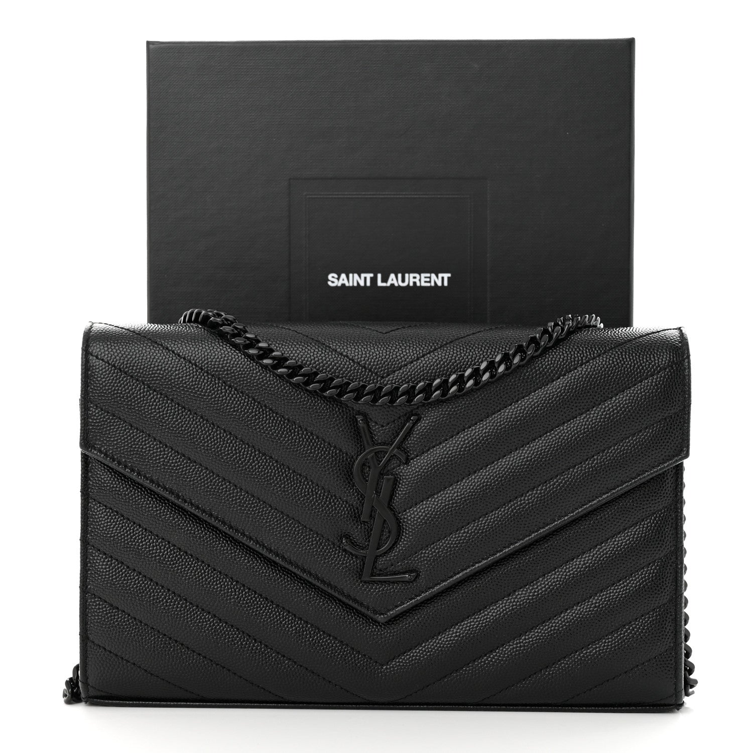 Saint Laurent Grain De Poudre Matelasse Chevron Monogram Monochrome Chain Wallet Black 14 of 14