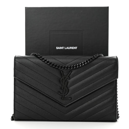 Saint Laurent Grain De Poudre Matelasse Chevron Monogram Monochrome Chain Wallet Black 14 of 14