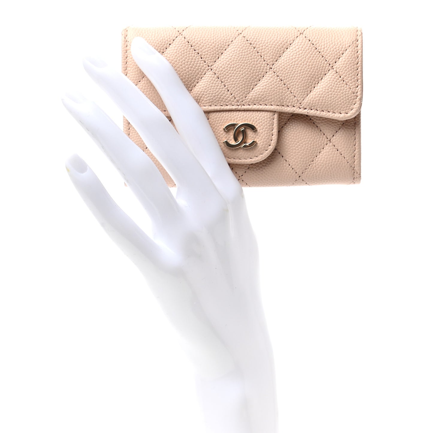 Caviar Quilted Flap Card Holder Wallet Beige