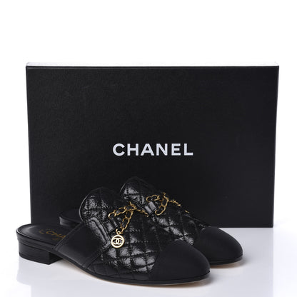 Chanel Glazed Deerskin Grosgrain Quilted Chain Mules 37 Black 10 of 10