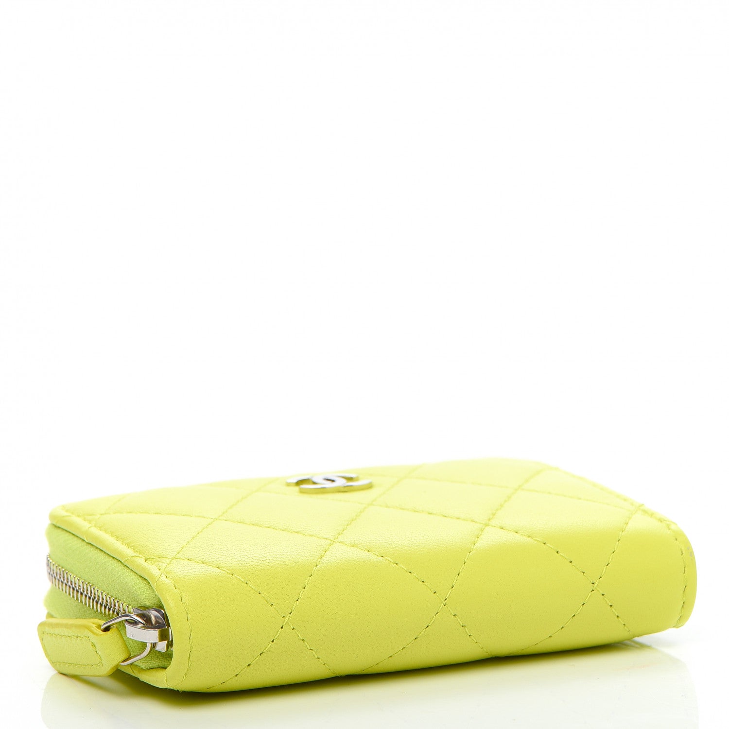 Chanel Lambskin Quilted Zip Coin Purse Wallet Neon Yellow 3 of 8