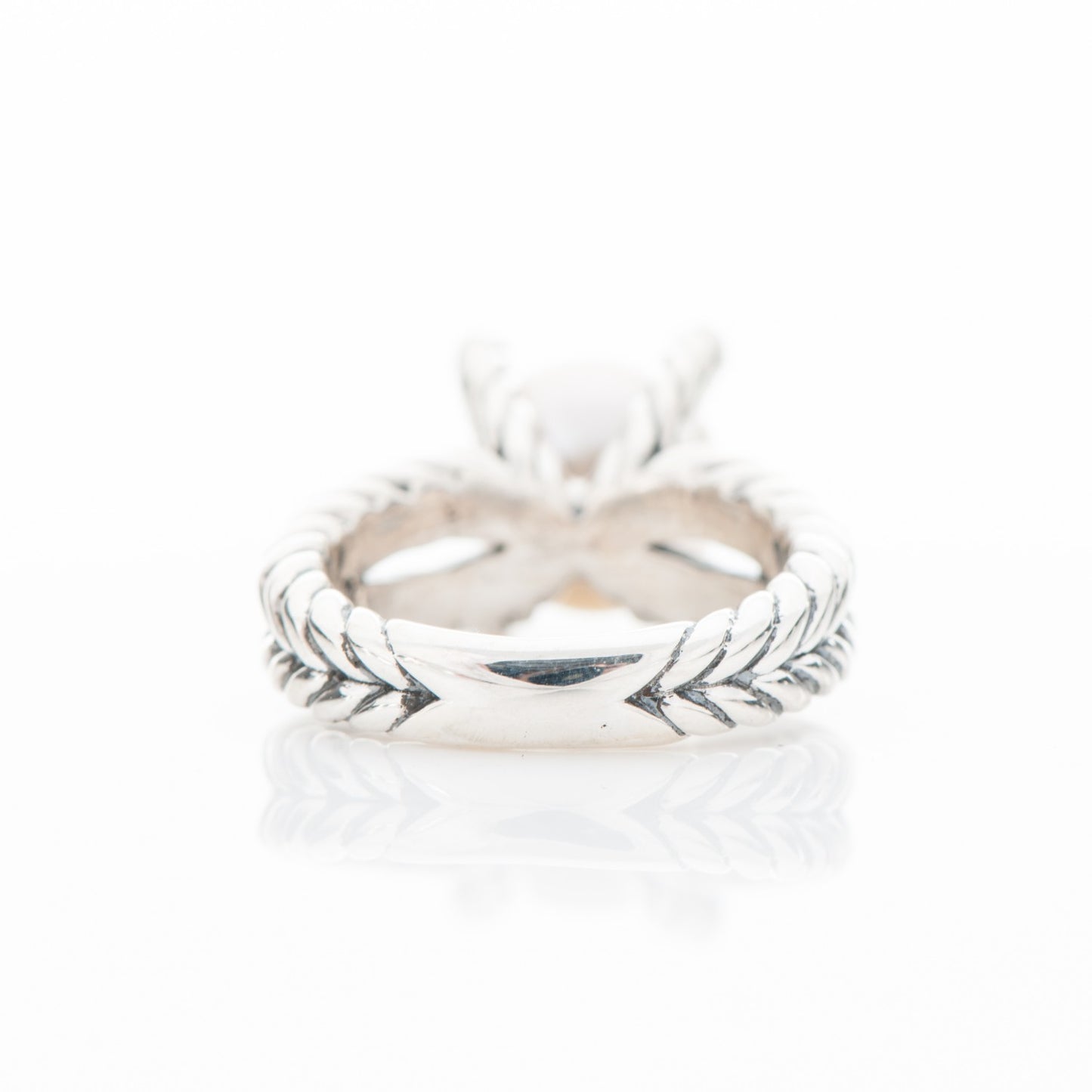 Sterling Silver Pave Diamond 10mm Pearl Cable Ring 6.25