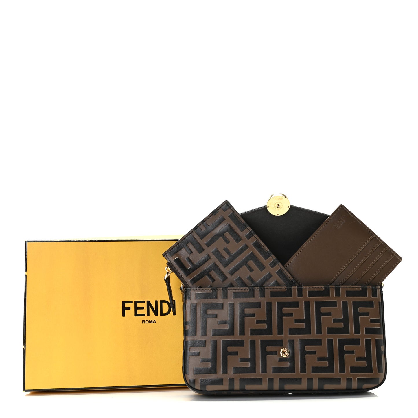 Vitello Soft F is Fendi Bi-Color FF 1974 Embossed Envelope Wallet On Chain with Pouches Maya Black