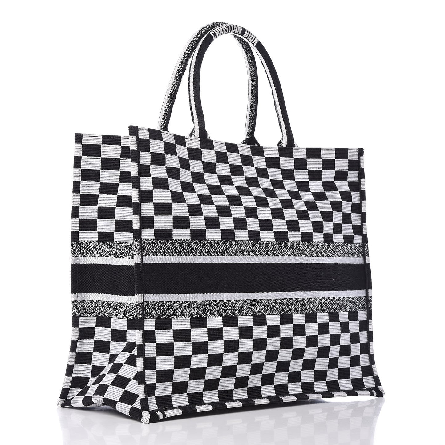 Canvas Embroidered Checkered Book Tote Black White