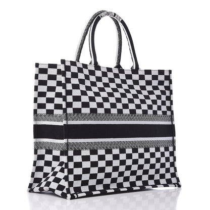 Christian Dior Canvas Embroidered Checkered Book Tote Black White 3 of 9