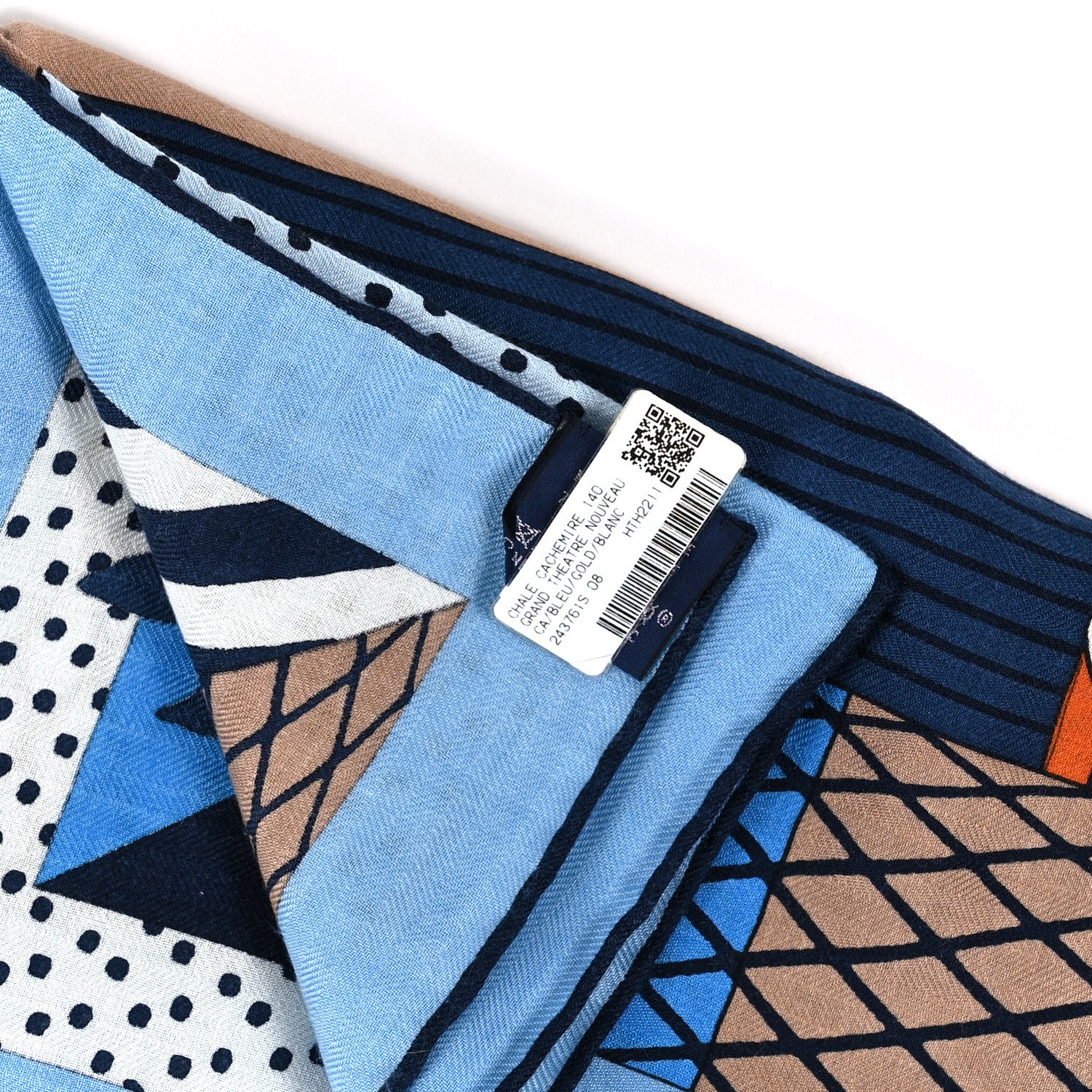Hermes Cashmere Silk Grand Theatre Nouveau Shawl 140 Bleu Gold White 6 of 6