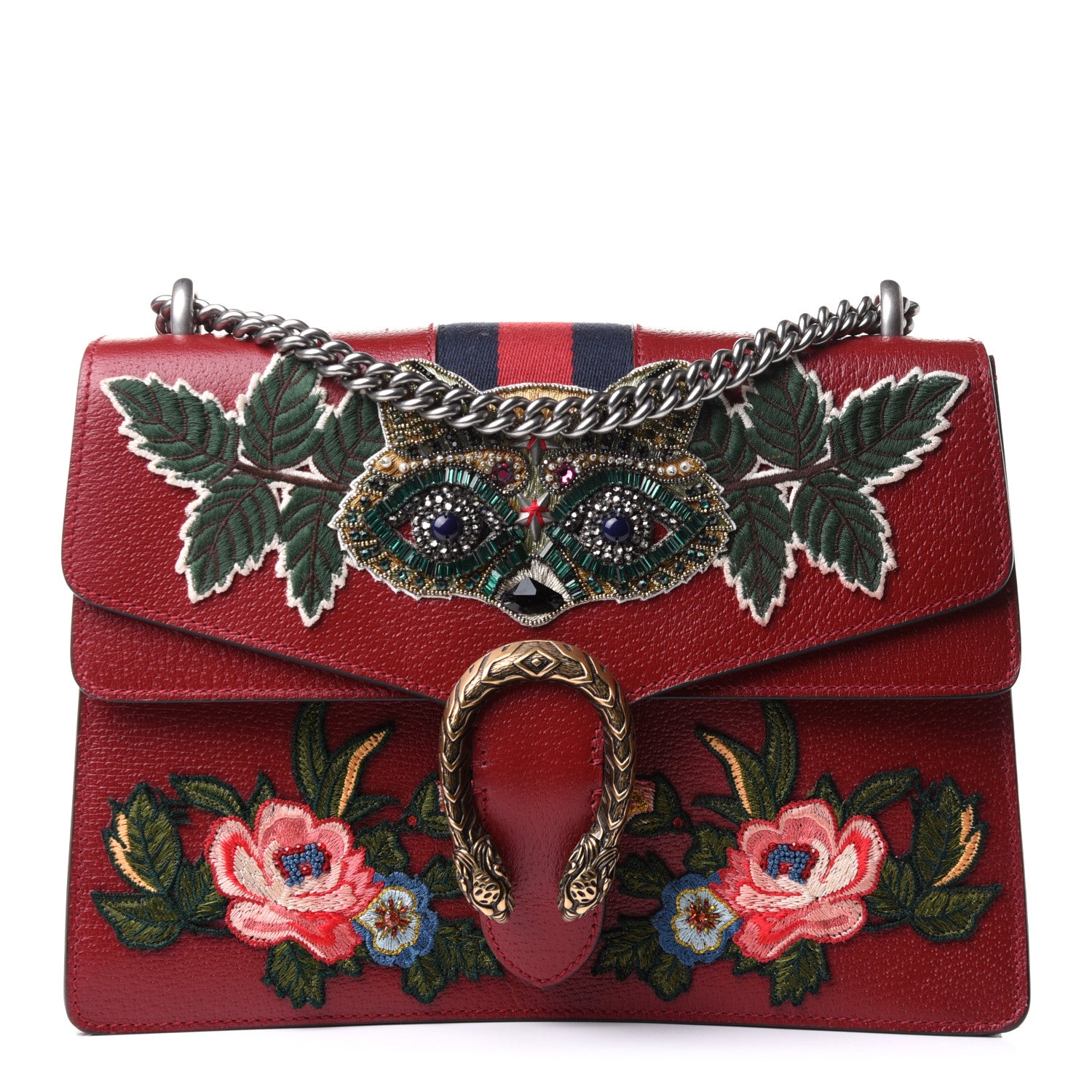 Gucci Calfskin Web Raccoon Embroidered Medium Dionysus Shoulder Bag Red 1 of 14