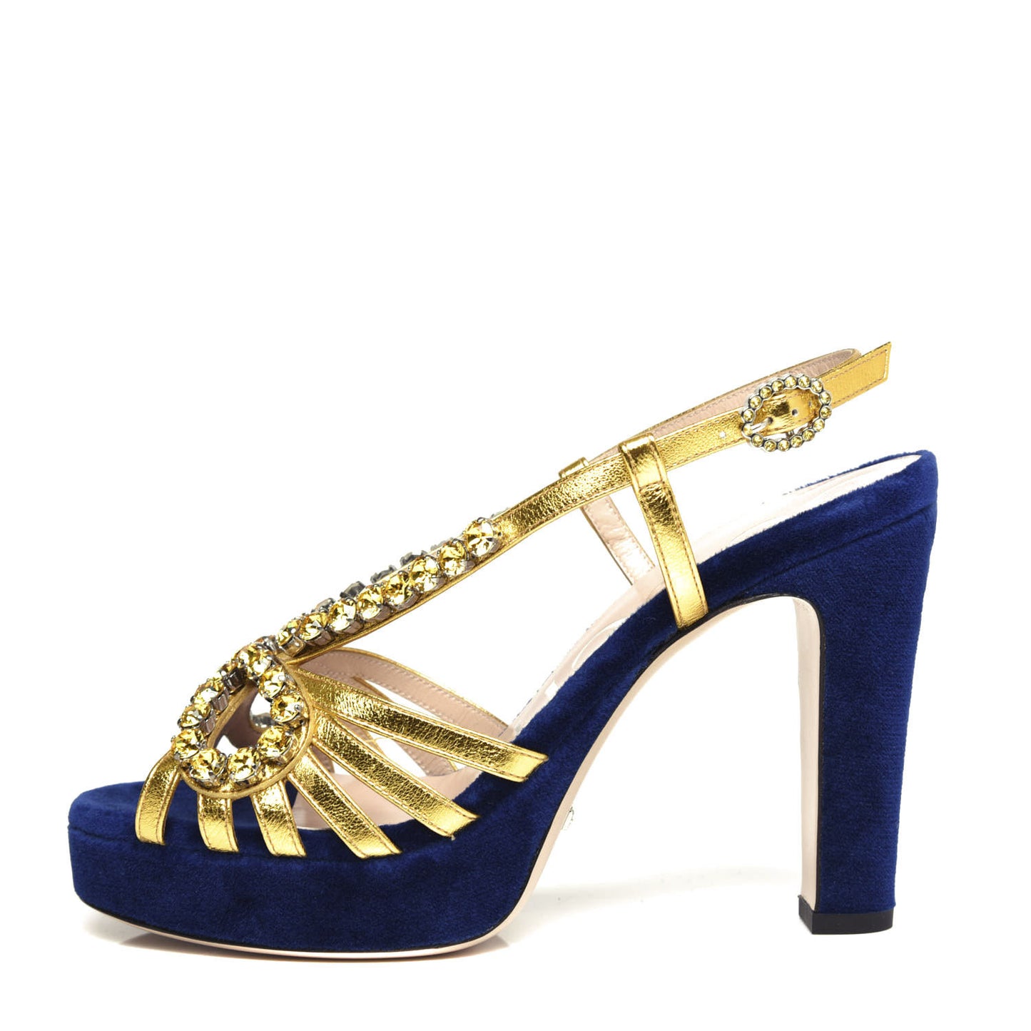 Velvet Nappa Crystal Zephyra Slingback Platform High Heel Sandals 37.5 Blue Gold