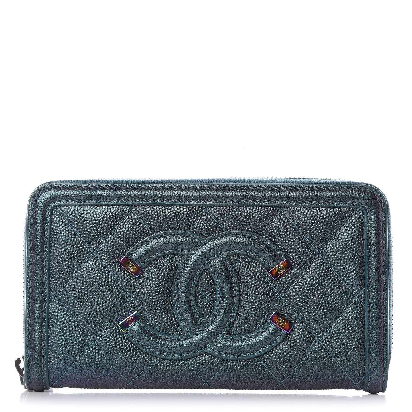 Iridescent Caviar Quilted Medium Filigree Zip Around Wallet Dark Turquoise
