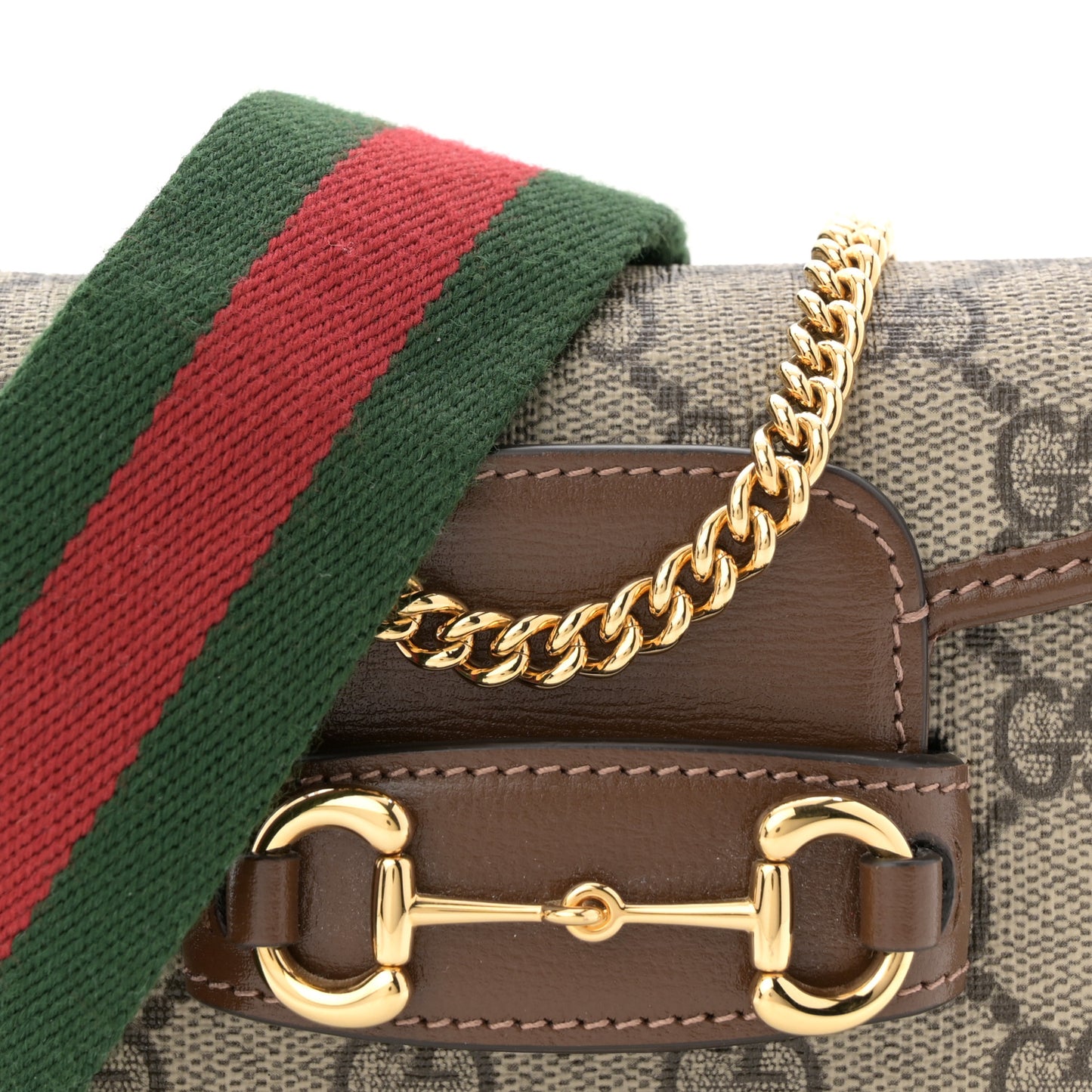 GG Supreme Monogram Azalea Calfskin Web Horsebit 1955 Wallet On Strap Beige Ebony Brown Sugar