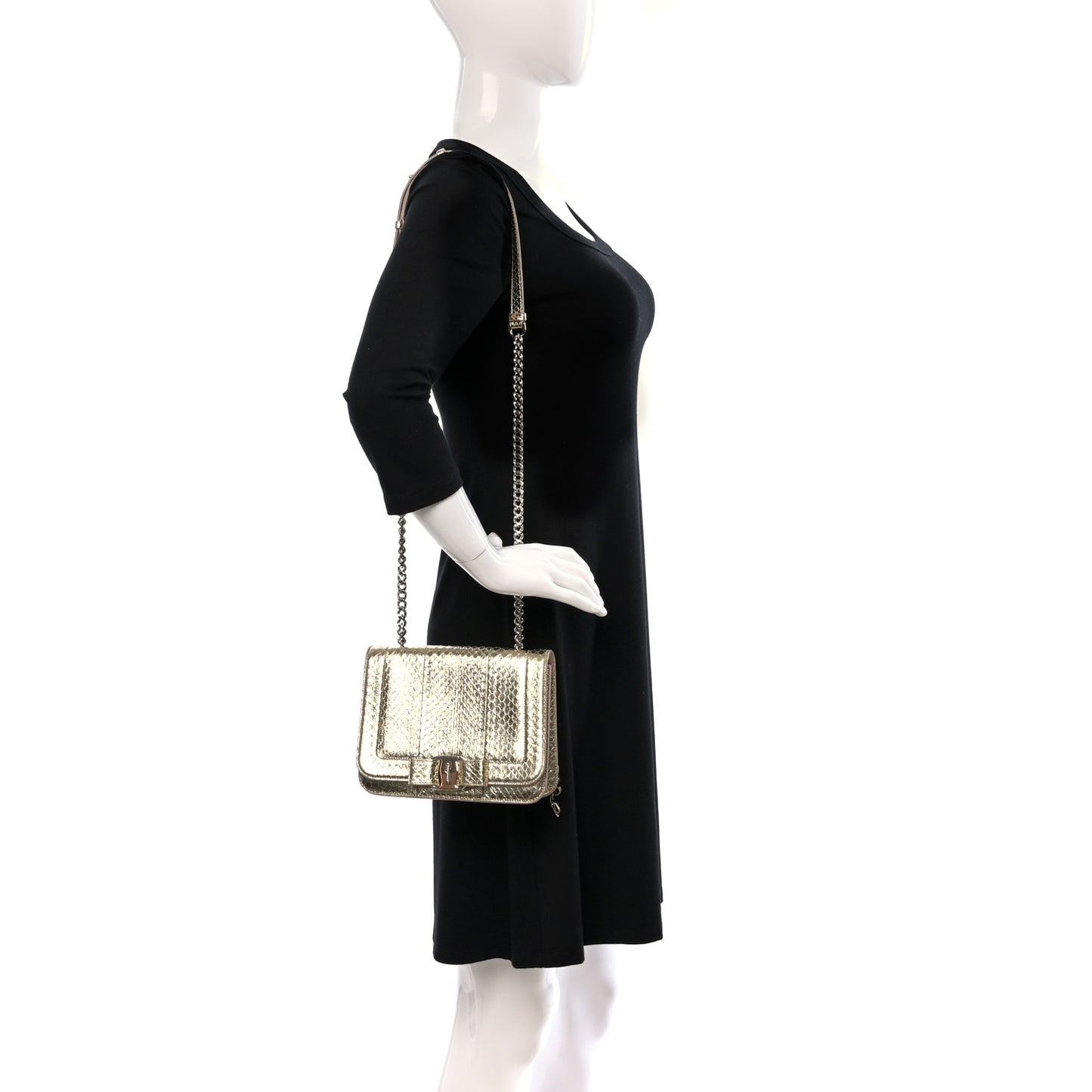 Metallic Snakeskin Small Vara Chain Crossbody Gold