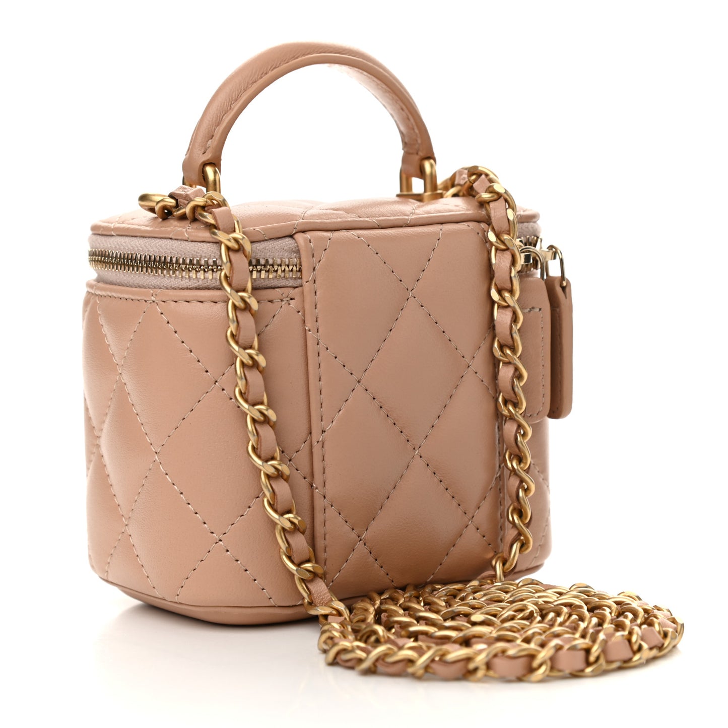 Lambskin Quilted Top Handle Mini Vanity Case With Chain Beige