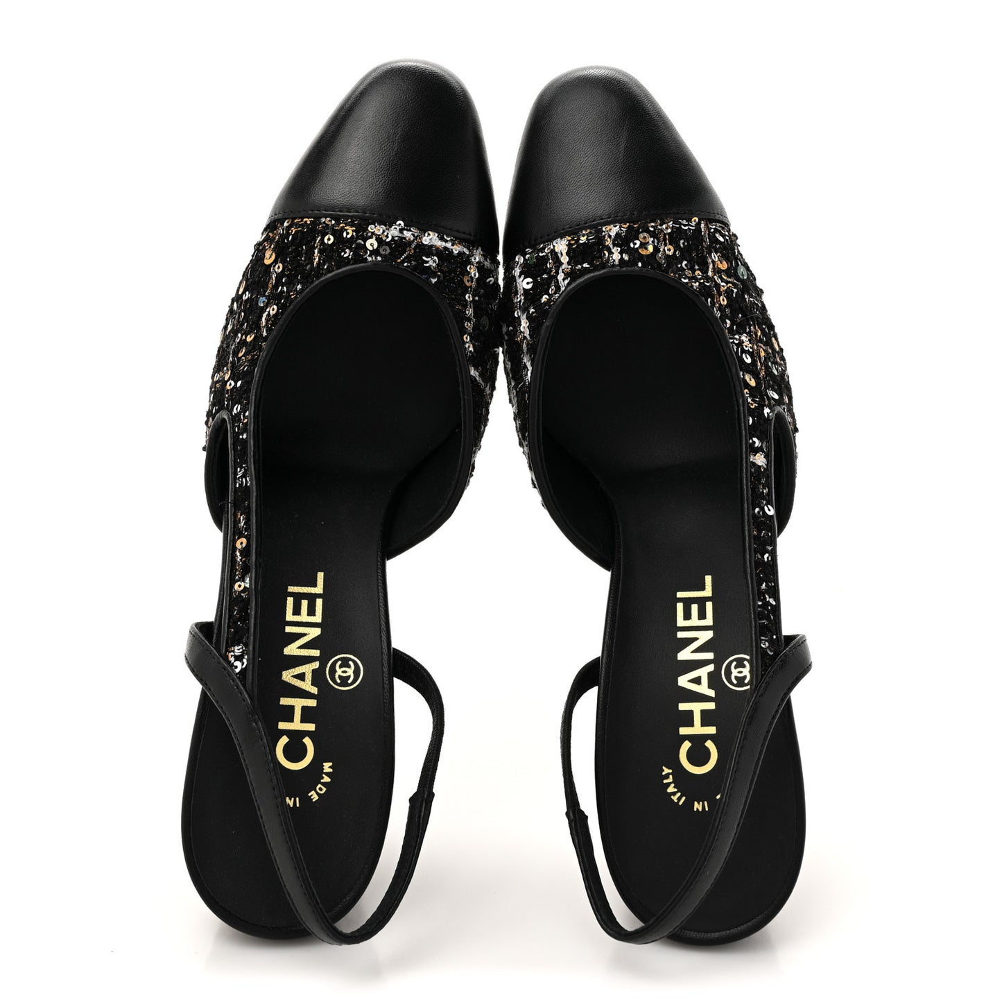 Tweed Sequins Goatskin Cap Toe CC Slingback Pumps 37 Black White Gold