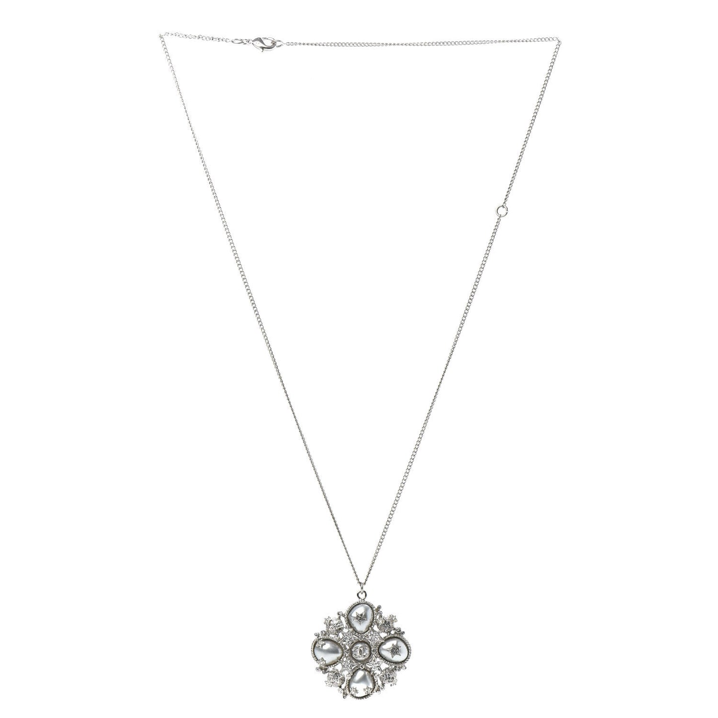 Crystal Pearl Stars CC Pendant Necklace Silver