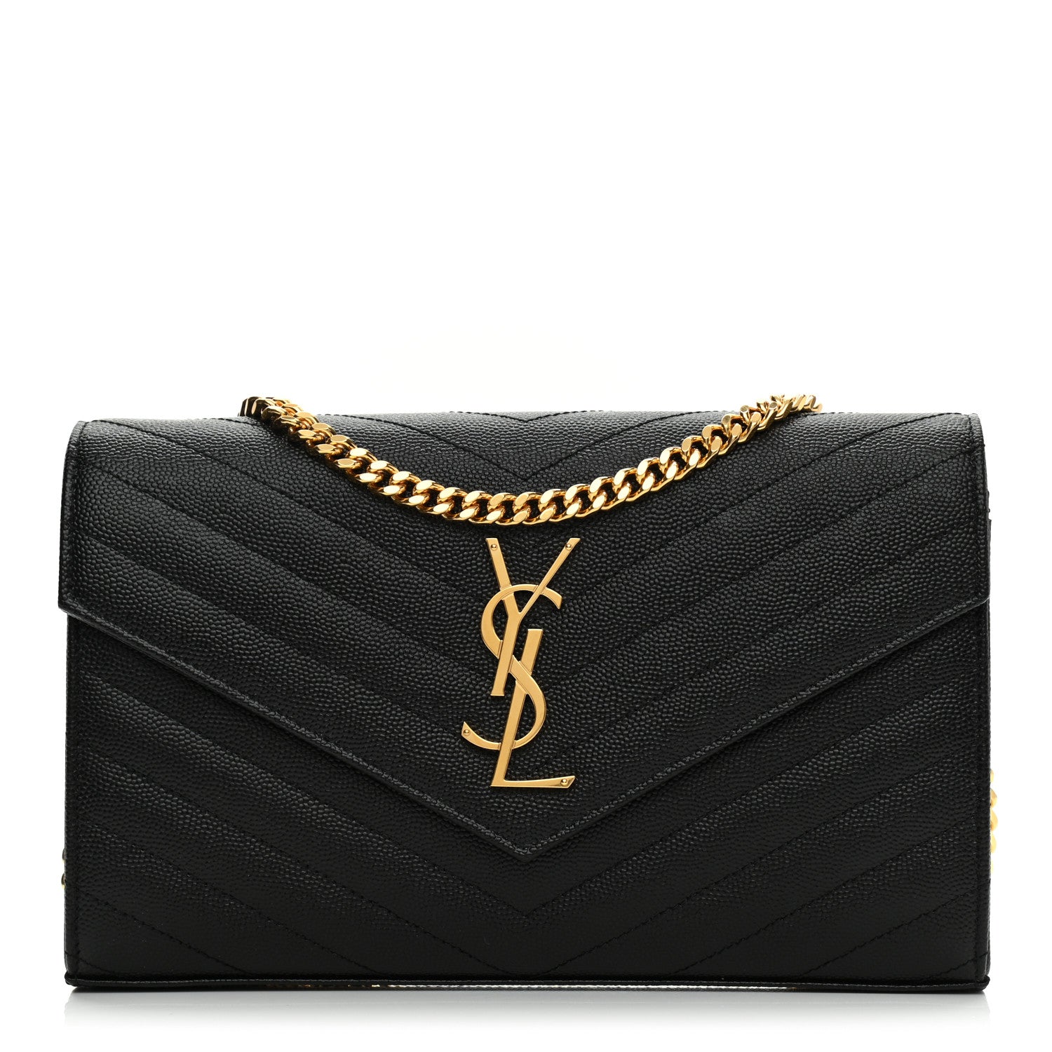 Saint Laurent Grain De Poudre Matelasse Chevron Monogram Chain Wallet Black 1 of 9