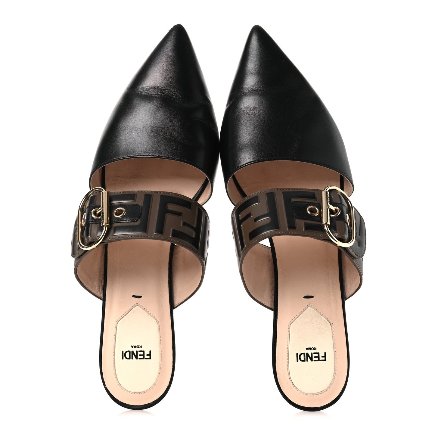 Vitello FF Embossed Buckle Flat Mules 39 Maya Black